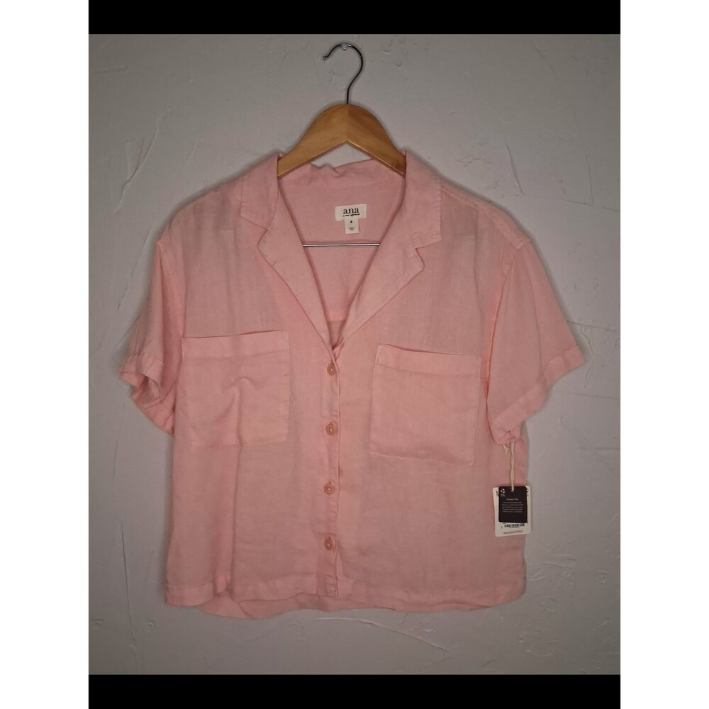NWT ANA A New Approach Pink Linen Blend Button Front Camp Shirt Sz M Coastal - Picture 2 of 9